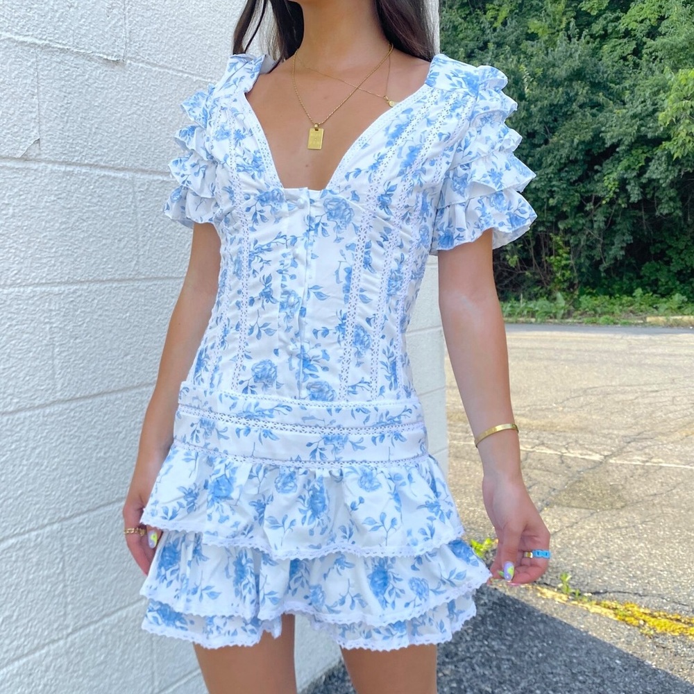 LoveShackFancy Blue Floral Mini Dress